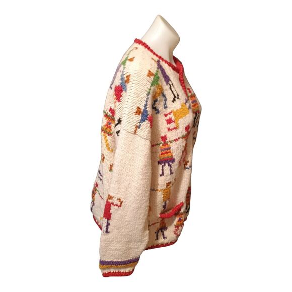 Amano Vintage Wool Hand Cream Aztec People Dancing Cardigan Sweater Size XL - Picture 5 of 10